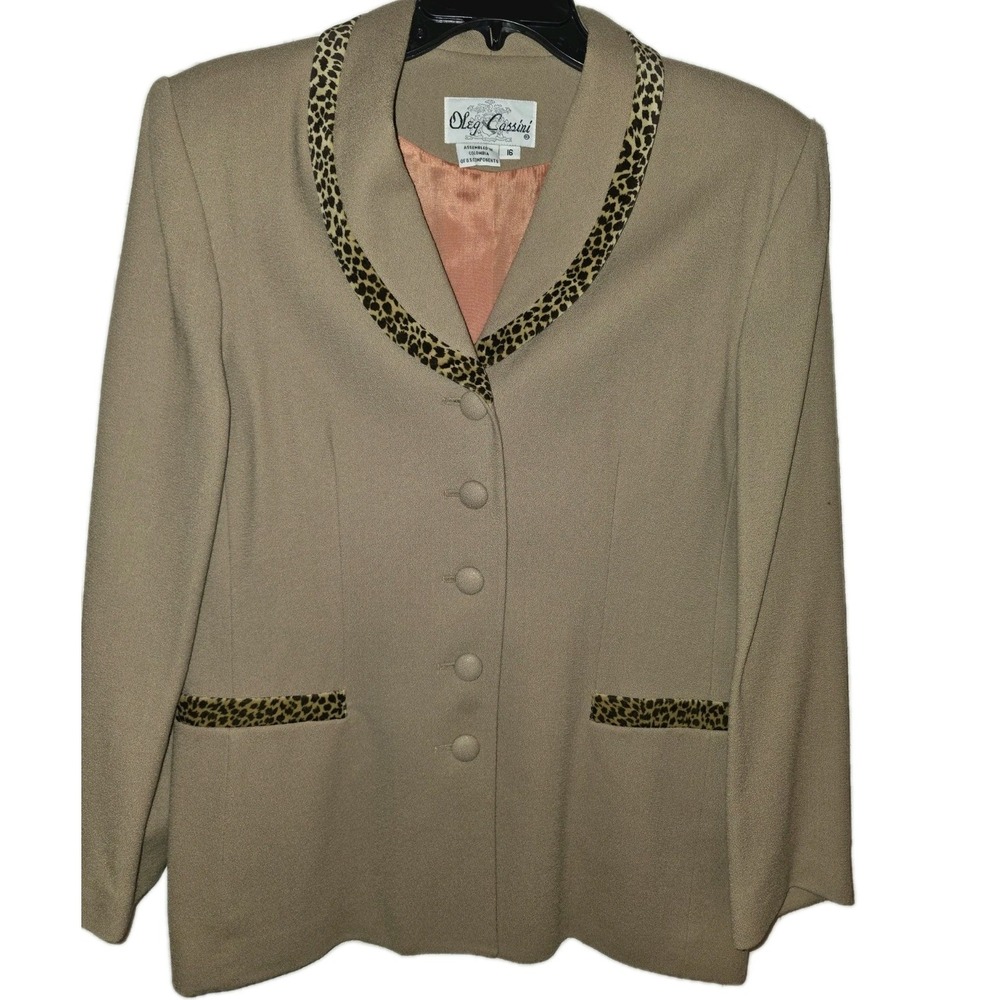 Vintage OLEG CASSINI Women's Sz 16 Tan Wool Blazer Jacket Animal Print Trim